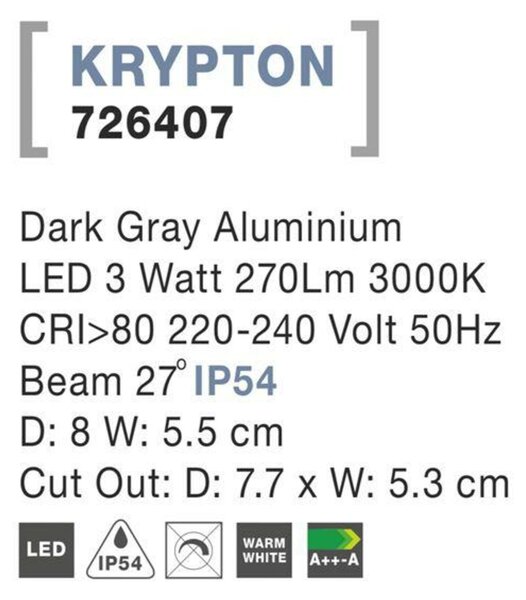 NOVA LUCE venkovní zapuštěné svítidlo do zdi KRYPTON tmavě šedý hliník LED 3W 3000K 220-240V 27st. IP54 726407