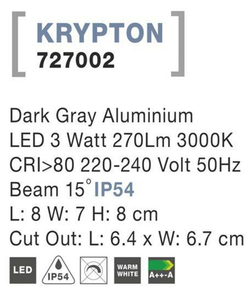 NOVA LUCE venkovní zapuštěné svítidlo do zdi KRYPTON tmavě šedý hliník LED 3W 3000K 220-240V 15st. IP54 727002