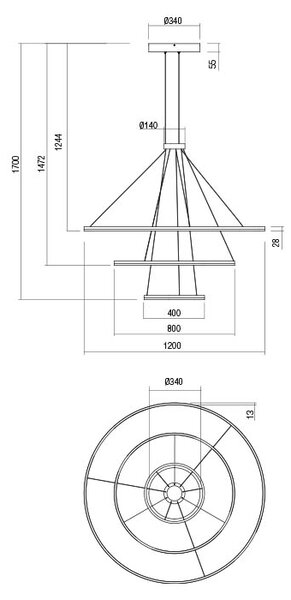Redo 01-2244-TRIAC Orbit direct, závěsné kruhové svítidlo, 151W LED 3000K stmívatelné TRIAC , černá, prům. 40+80+120cm