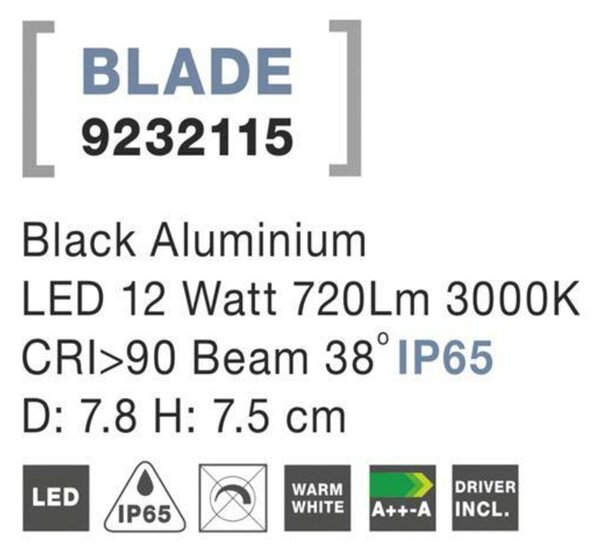 NOVA LUCE zapuštěné svítidlo BLADE černý hliník LED 12W 3000K 38st. IP65 9232115