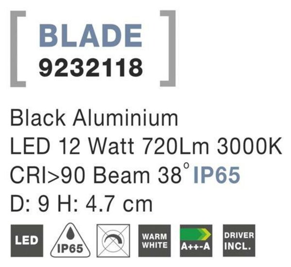 NOVA LUCE zapuštěné svítidlo BLADE černý hliník LED 12W 3000K 38st. IP65 výklopné 9232118