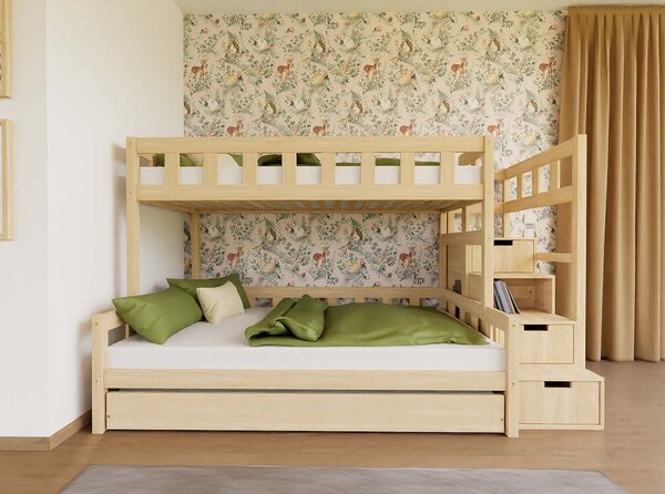 Patrová postel PLOTTY s úložnými schody 90x200, 120x200 cm - Nelakovaná, Zvolte šuplík: Bez šuplíku, Zvolte stranu: Vlevo