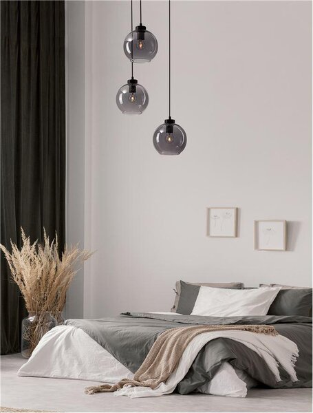 Nova Luce Závěsné svítidlo PALMER kouřové sklo černý kabel černá kovová základna E27 3x12W