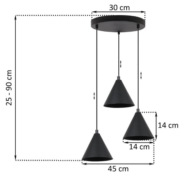 Závěsné svítidlo Soho, 3x černé kovové stínítko, (fi 14cm), o