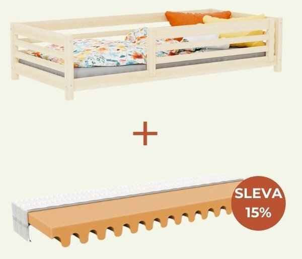 Nízká dětská dřevěná postel TULY se zábranou 120x200 cm + matrace WAVE - Pastelově růžová, S jednou zábranou