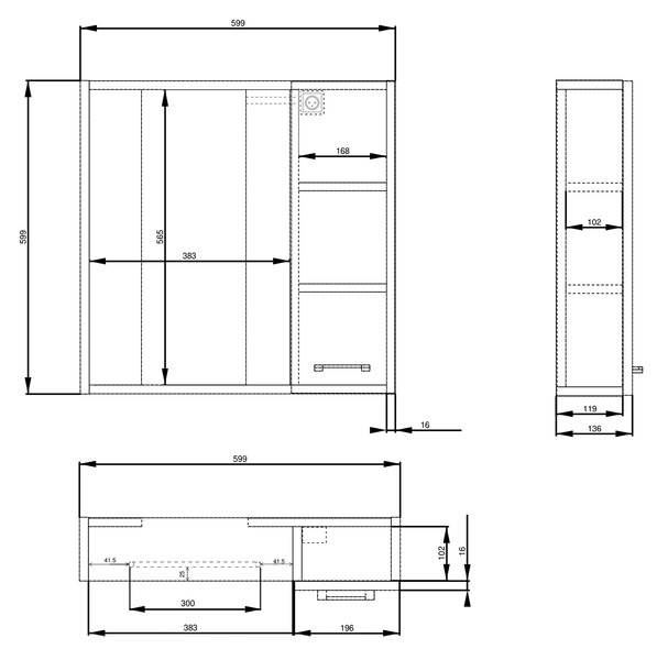 Aqualine Aqualine, ZOJA/KERAMIA FRESH STRIP galerka s LED osvětlením, 60x60x14cm, pravá, dub platin, 45028S