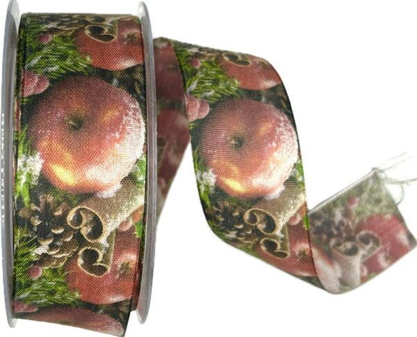 Stuha vánoční JABLKO a SKOŘICE 40mm x 15m (8,-Kč/m)