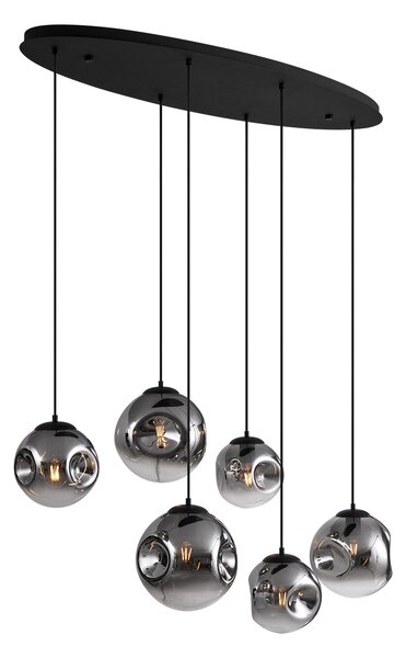 Závěsné svítidlo Art Deco černé s oválnou stropní deskou a kouřovým sklem 6-světelné - Douglass