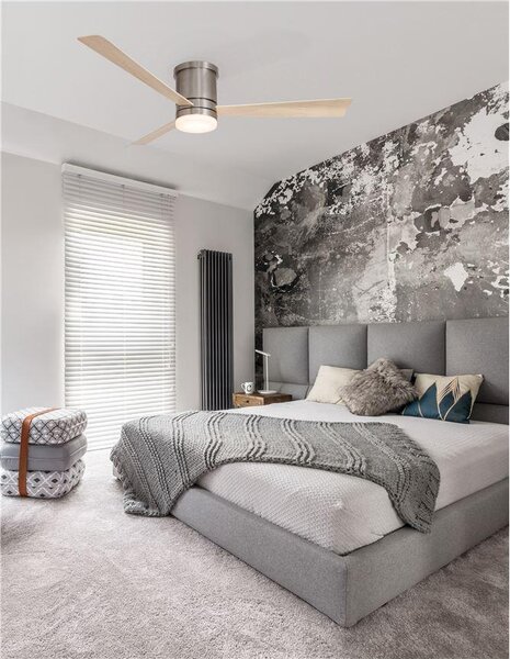 Nova Luce Stropní ventilátor se světlem SATIN broušený nikl ocel a sklo dřevěné listy 5 rychlostí 35W LED 18W 3000K