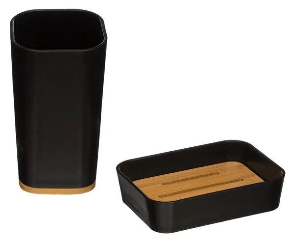 Sada koupelnových doplňků Natureo Black, černá/s dřevěnými prvky