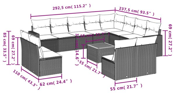 13dílný zahradní sedací souprava s poduškami černý polyratan