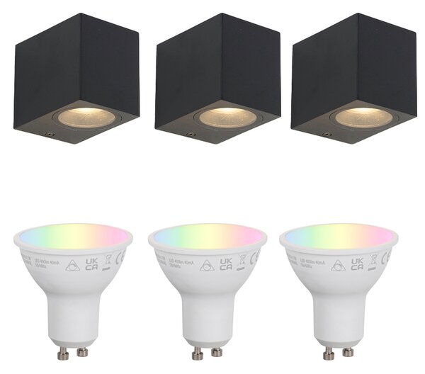 Sada 3 chytrých nástěnných svítidel černá GU10 50mm IP44 - Baleno