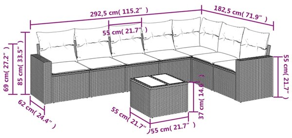 8dílná zahradní sedací souprava s poduškami šedá polyratan 3251397