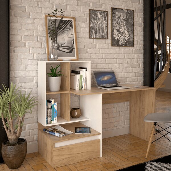 KONDELA PC stůl, dub artisan/bílá, NEREO NEW