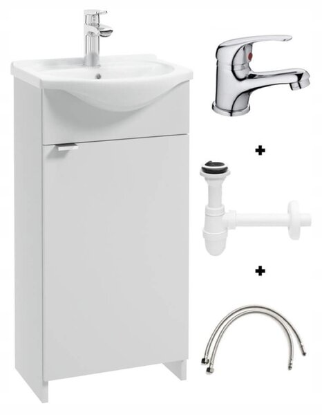 Koupelnová skříňka s umyvadlem 40 cm stojící bílá se sifonem a baterií chrom