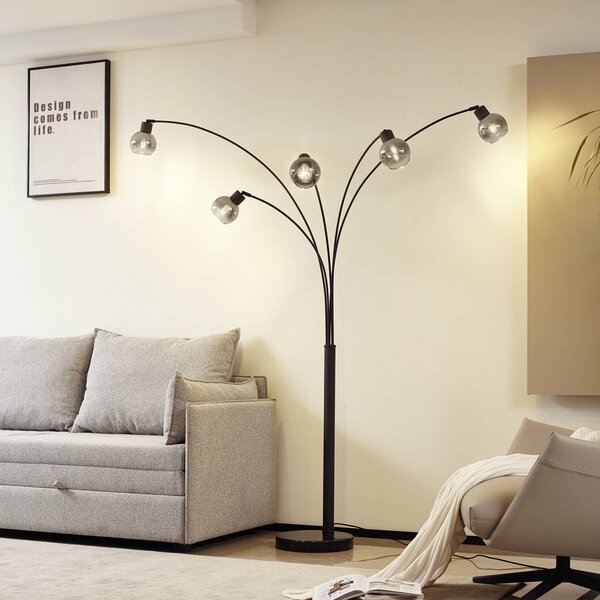 Lindby Stojací lampa Braccio, šedá/černá, sklo, 5 světel, 204,5 cm, Černá, Obývací pokoj / jídelna, kov, Moderní, stojací lampa