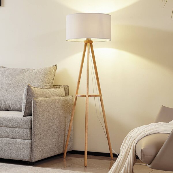 Lindby Stojací lampa Adamio, Ø 45,5 cm, bílá, textil, trojnožka, Světlé dřevo, Obývací pokoj / jídelna, Dřevo, Venkovský / rustikální