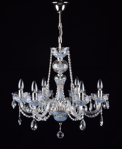 DBK GLASS 6-ti ramenný pastelově modrý křišťálový lustr zdobený smaltem (BLUE/ PINK CRYSTAL FOND) 0863-6-NK-F-SILVER-BLUE