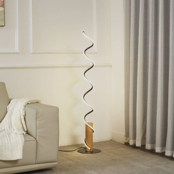 Lindby LED stojací lampa Spiraali, šedá, dřevo, výška 133 cm, Hliník / šedá / zinek, Obývací pokoj / jídelna, Hliník, Venkovský / rustikální