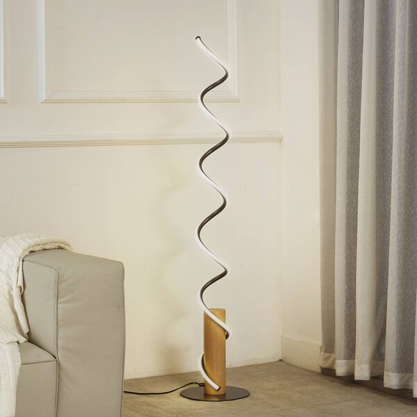 Lindby LED stojací lampa Spiraali, šedá, dřevo, výška 133 cm, Hliník / šedá / zinek, Obývací pokoj / jídelna, Hliník, Venkovský / rustikální
