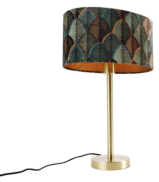 Stolní lampa mosazná s oválným sametovým stínidlem s motivem listů 35 cm - Simplo