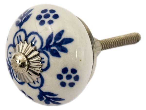 Malovaná porcelánová úchytka na šuplík, bílá, modrá květina