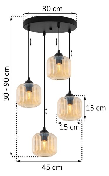 Závěsné svítidlo Riffle, 4x medové skleněné stínítko