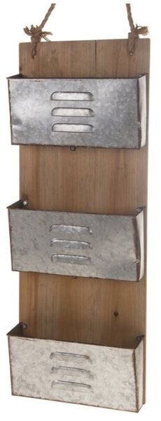 Dřevěná závěsná polička s plechovými boxy - 31,5*82,5 cm