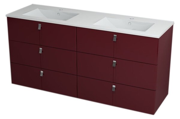 MITRA umyvadlová skříňka s umyvadlem, 3 zásuvky, 150x70x46 cm, bordó 2XMT0831601-150
