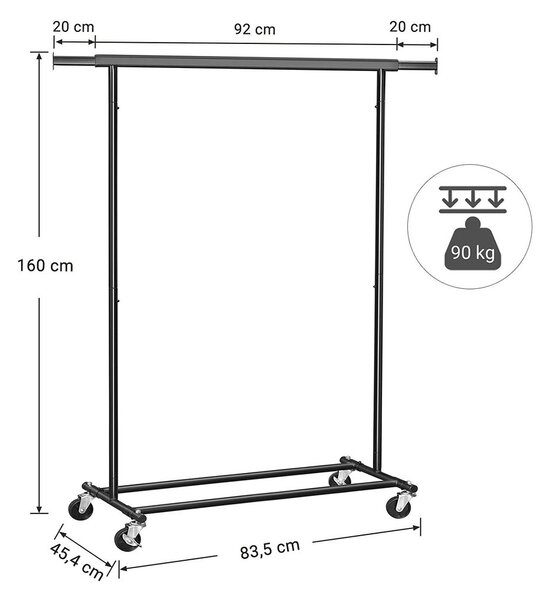 Výsuvný stojan na oblečení s kolečky, vysoká nosnost 90kg, industriální styl, černá