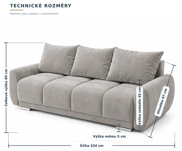 Trojmístná rozkládací pohovka s funkcí spaní LUCY 3 | 234x97x89cm | CENTAUR BÉŽOVÁ