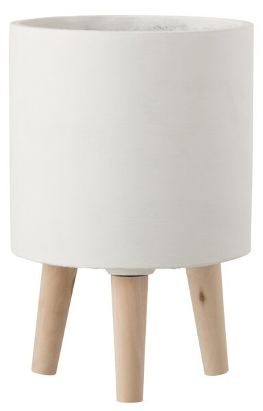 Cementový bílý květináč na dřevěných nožkách - Ø19,5*30 cm