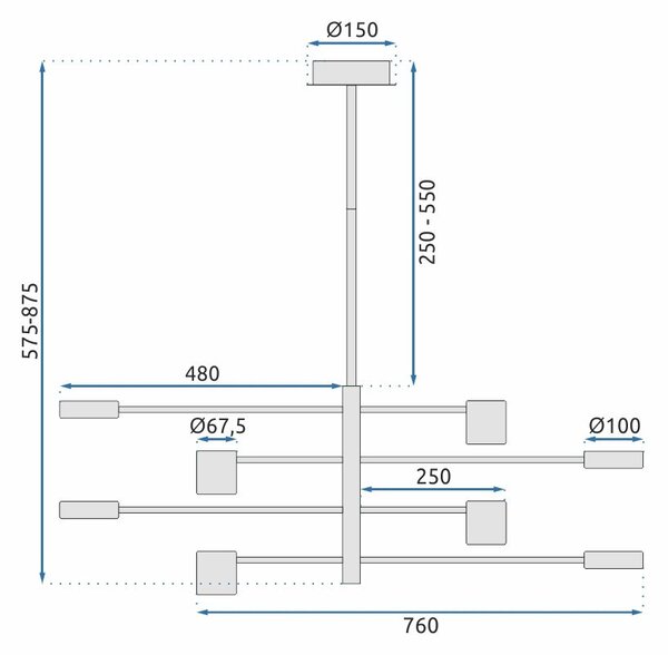 Toolight Toolight, LED stropní svítidlo s 8 rameny 75x124 cm APP598-8C, černá, OSW-08566