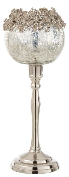 Skleněný svicen na nožičce se stříbrným zdobením a kamínky Luxy - Ø 12*33 cm