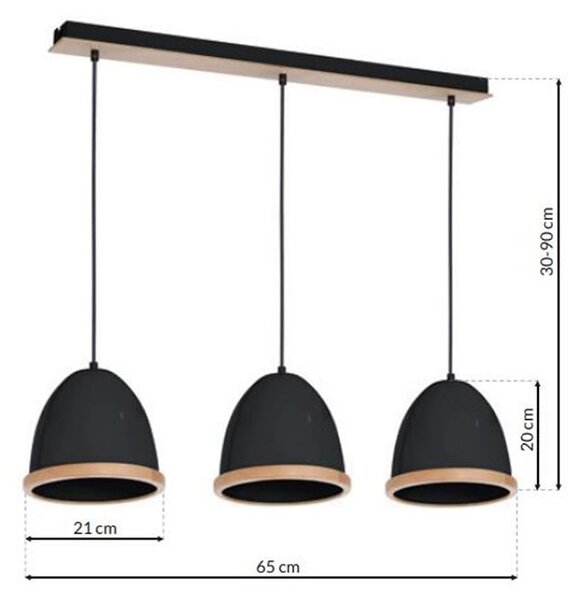 Závěsné svítidlo Studio, 3x dřevěné/černé kovové stínítko, (fi 21cm), b/br
