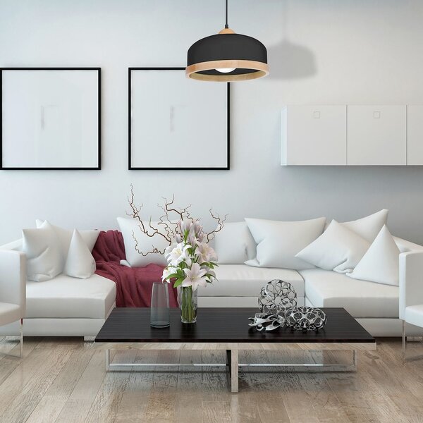 Závěsné svítidlo Studio, 1x dřevěné/černé kovové stínítko, (fi 32cm), b/br