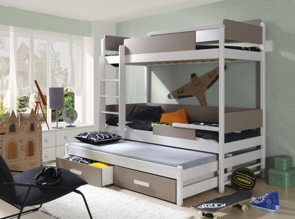 Patrová postel Quatro - trojlůžko 80x180 cm (Š 87 cm, D 190 cm, V 182 cm), Bílá, Trufel PVC, 3 ks matrace (2 ks hlavní + 1 ks přistýlka), se zábrankou, žebřík na levé straně