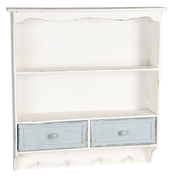 Bílá vintage nástěnná polička s modrými šuplíčky Vann - 56*13*60 cm - Clayre & Eef