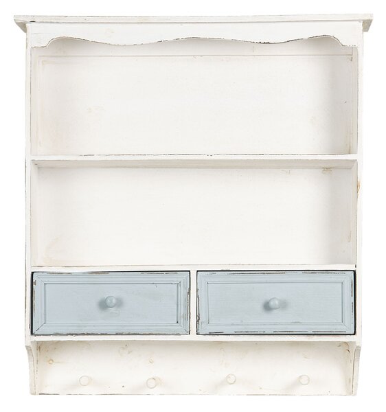 Bílá vintage nástěnná polička s modrými šuplíčky Vann - 56*13*60 cm - Clayre & Eef