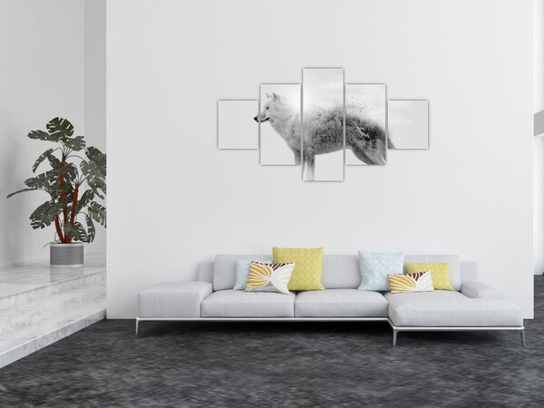 Obraz - Arktický vlk zrcadlící divokou krajinu, černobílý (125x70 cm)