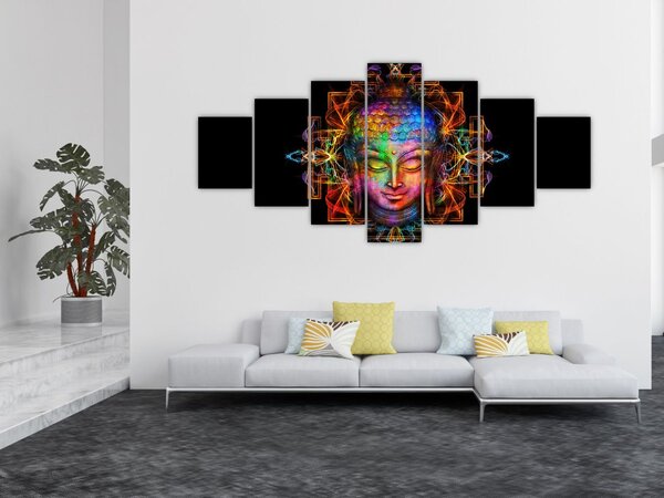 Obraz - Busta Buddhy v neonových barvách (210x100 cm)