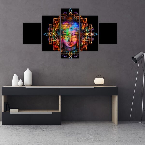 Obraz - Busta Buddhy v neonových barvách (125x70 cm)