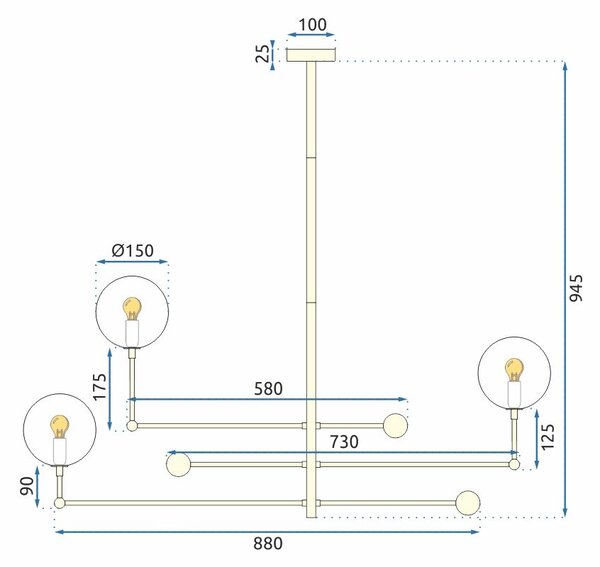 Toolight Skleněná kulová závěsná lampa 3 ks APP918-3CP Zlatá