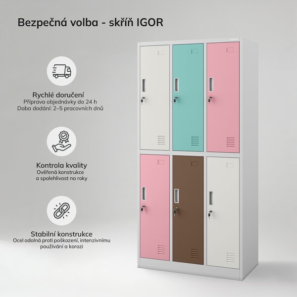 Šatní skříň BHP v pastelově šedé barvě, 6dveřová: IGOR, 900 x 1850 x 450 mm