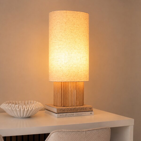 Dřevěná stolní lampa Japandi s lněným stínidlem 70 cm - Lamel