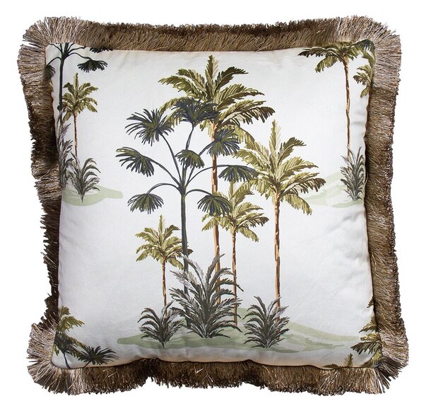 Sametový krémový polštář s palmami a třásňovitým okrajem - 45*45*10cm - Mars & More