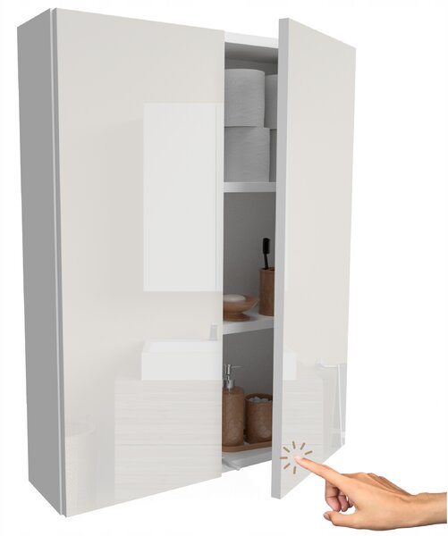 Závěsná skříňka Miradu bílá lesklá 60 cm se 2 dvířky a 3 policemi
