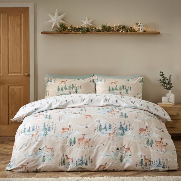 Flanelové povlečení na dvoulůžko v přírodní barvě 230x220 cm Brushed Christmas Deer – Catherine Lansfield