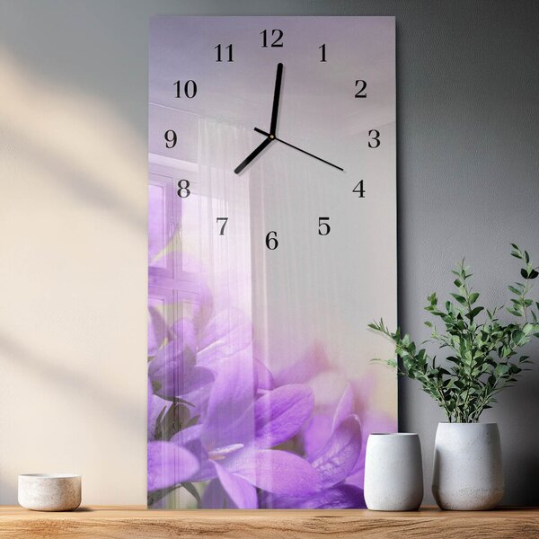 Skleněné hodiny vertikální Fialové květy zsppc-30x60-00295216