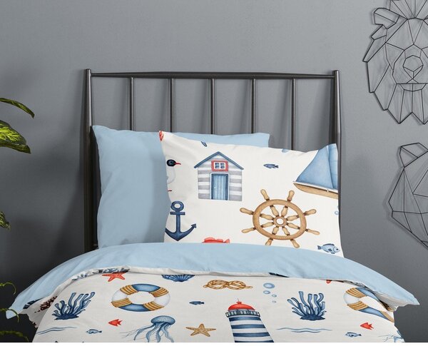 Modré/krémové bavlněné dětské povlečení do postýlky 100x135 cm Ahoy – Good Morning